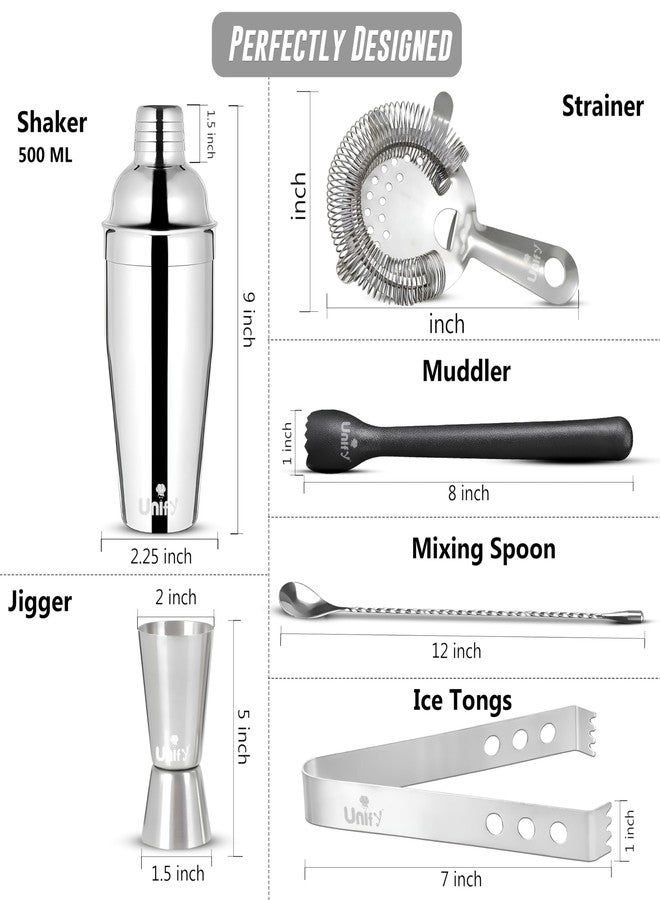Unify 6 Pieces Stainless Steel Bartender Kit | Premium Cocktail Shaker Set for Home Bar & Parties | Includes Peg Measurer 30/60ml, Bar Spoon, Ice Tong, Muddler, Strainer | Professional Bar Tool Set - Image 2